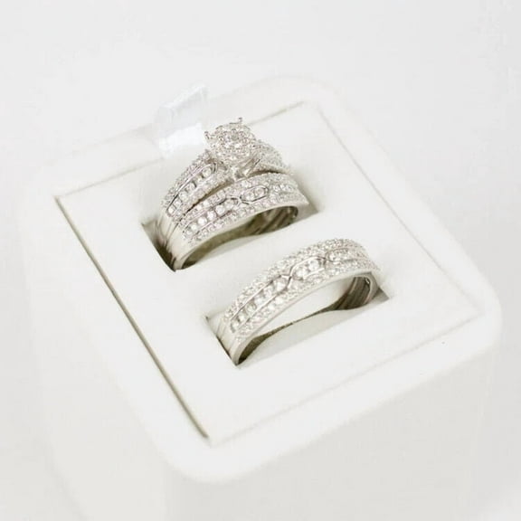 Bluebell Jewels 3-Piece His & Her Round CZ Wedding Ring Set 14K White Gold Finish Silver Bridal & Anniversary Gift