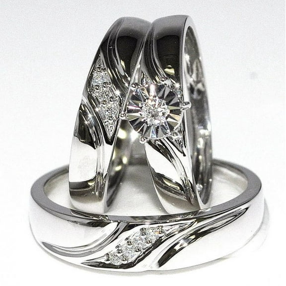 Bluebell Jewels 3-Piece Silver Tone CZ Wedding Ring Set Round Solitaire Engagement Ring with Matching Bands