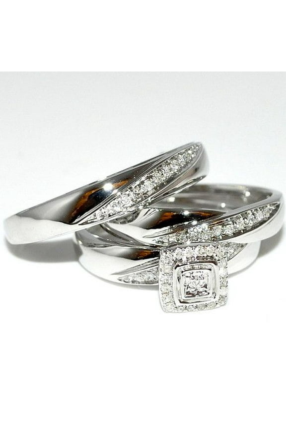 Bluebell Jewels 3-Piece Silver Tone Square CZ Wedding Ring Set – Elegant His & Hers Bands with Pave Accents