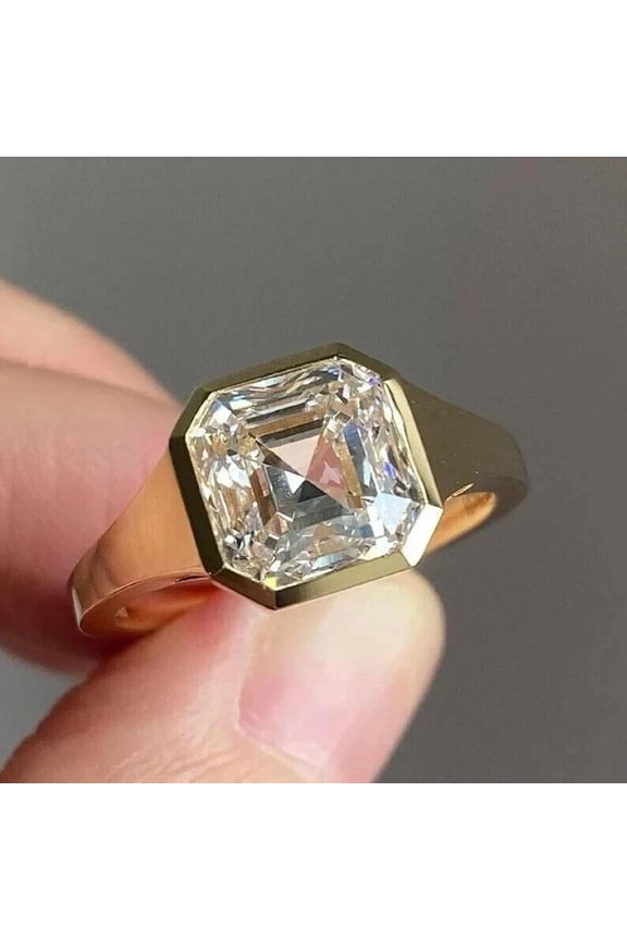 3CT Asscher-Cut Lab Created Bezel Set Engagement Ring 14K Yellow Gold Plated