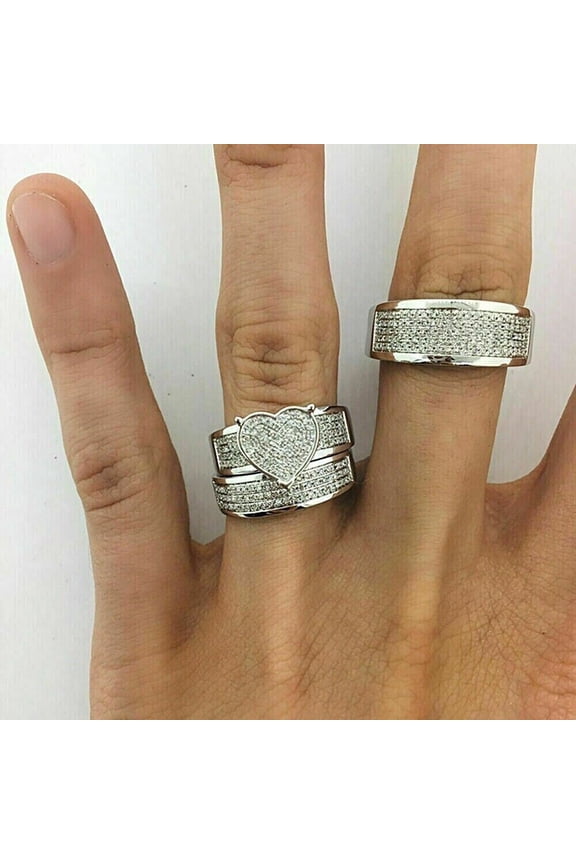 3Ct CZ Heart His Her Wedding Trio Ring Set White Gold Plated