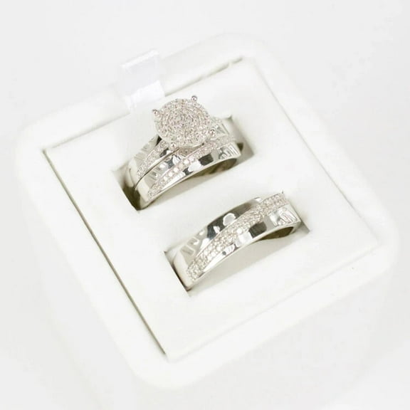Bluebell Jewels 3PC His & Hers Wedding Ring Set in Silver Finish with Round Halo CZ Engagement Ring & Matching Bands