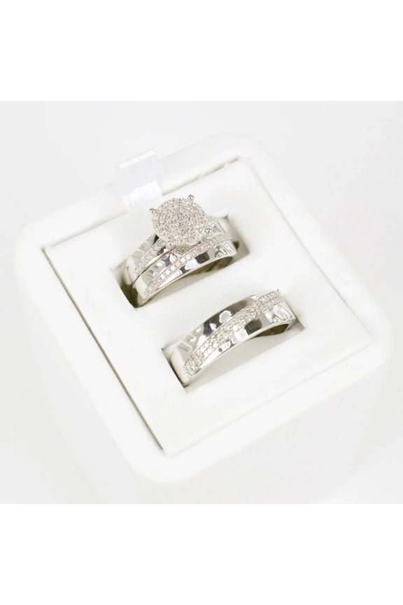 3PC His & Hers Wedding Ring Set in Silver Finish with Round Halo CZ Engagement Ring & Matching Bands