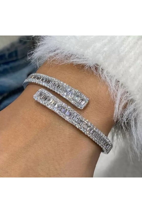 7ctw Baguette Cut CZ 14k White Gold Finish Silver Bypass Bangle
