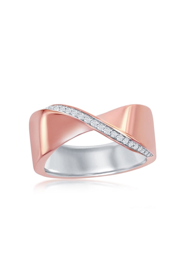 925 Sterling Silver Two-Tone Rose Gold Plated CZ Lining 'X' Ring