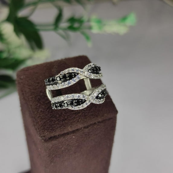 Bluebell Jewels Black & White CZ Infinity Wrap Enhancer Ring for Women – Sterling Silver Bridal Guard Band