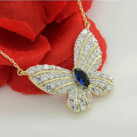 Bluebell Jewels Blue Cubic Zirconia Marquise Cut Women Butterfly Necklace 14k Yellow Gold Plated Silver