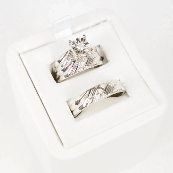 Bluebell Jewels Bridal & Groom 14K White Gold Finish Round Cut CZ Wedding Trio Ring Set