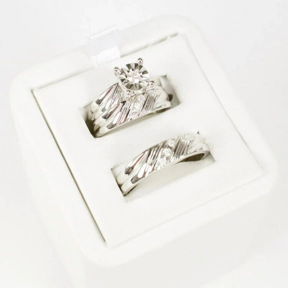 Bluebell Jewels Bridal & Groom 14K White Gold Finish Round Cut CZ Wedding Trio Ring Set