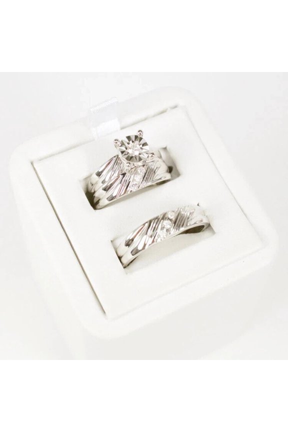 Bluebell Jewels Bridal & Groom 14K White Gold Finish Round Cut CZ Wedding Trio Ring Set