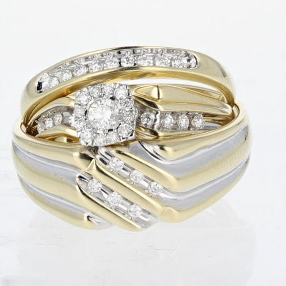 Bluebell Jewels Bridal Ring Trio Round CZ Engagement Ring with Matching Wedding Bands 14K Yellow Gold Finish Silver Set