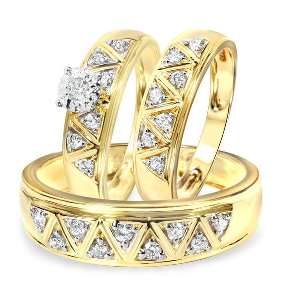 Bluebell Jewels Bride & Groom 14K Yellow Gold Finish Silver Round Cut Cubic Zirconia Ring Set For Wedding