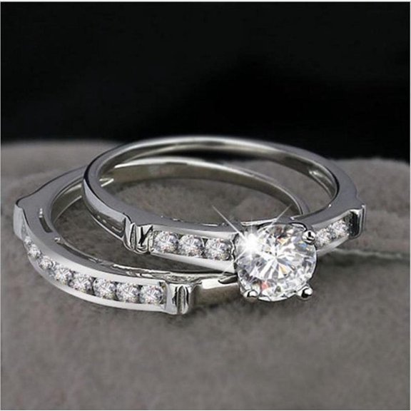 Bluebell Jewels Classic Round Cut CZ 14K White Gold Finish Stackable Wedding Ring Set