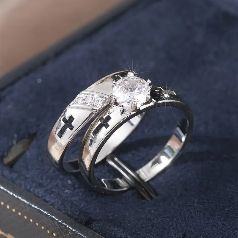 Bluebell Jewels Cross Design Bridal Ring Set Silver Plated Cubic Zirconia Engagement & Wedding Bands for Women Faith-Inspired Jewelry Gift