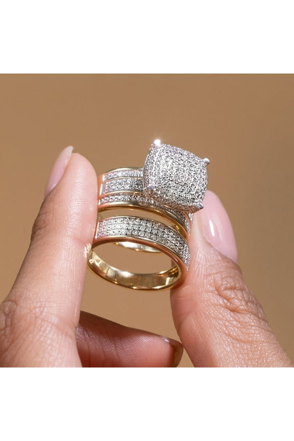 Bluebell Jewels Elegant 14K Yellow & White Gold Finish Wedding Wear Trio Ring Set For Men's & Women's