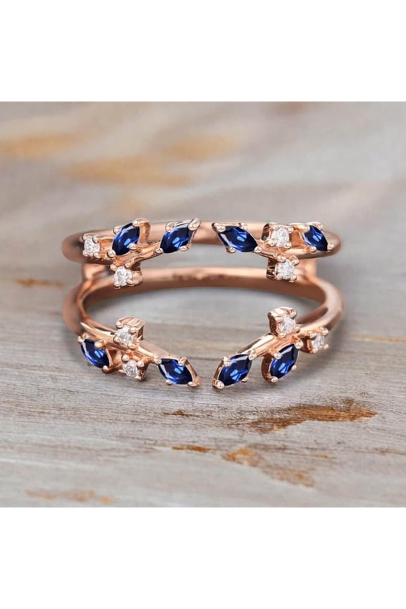 Enhancer Wedding Band Rose Gold Finish Stacking Ring Vintage Marquise Cut Blue CZ Ring Promise Ring Bridal Antique Matching Ring Gift