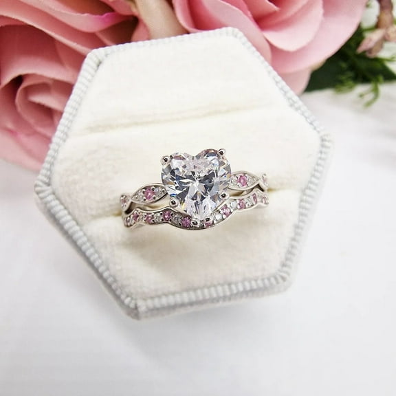 Bluebell Jewels Glamorous Heart Cut CZ Engagement Ring 14K White Gold Finish Wedding Ring Set