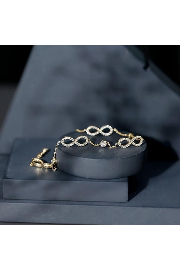 Gold Finish CZ Infinity Bracelet for Women Adjustable Dainty Chain with Sparkling Crystals, Elegant Symbolic Jewelry Gift