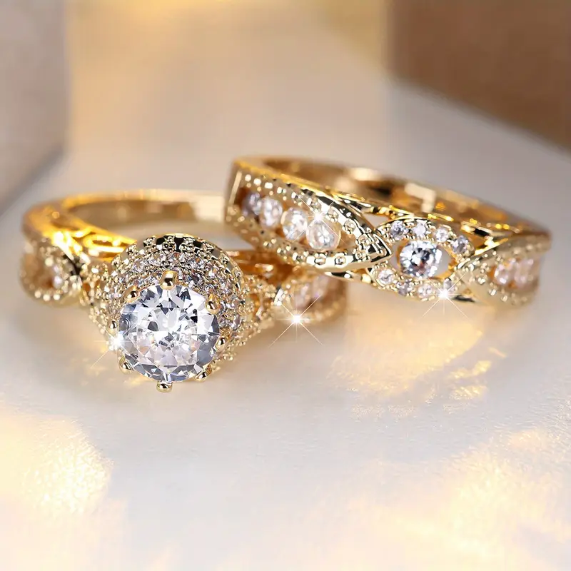Bluebell Jewels Gold Plated CZ Halo Bridal Ring Set for Women – Vintage-Inspired Engagement & Wedding Band Gift