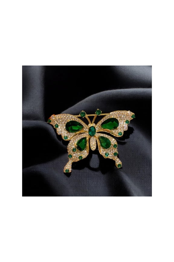 Gold-Plated Green Crystal Butterfly Brooch Sparkling CZ Pin for Women Elegant Statement Jewelry for Sarees, Blazers & Gifts