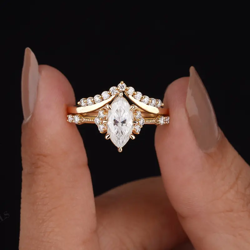 Bluebell Jewels Gold Plated Marquise CZ Bridal Ring Set for Women – Vintage Style Engagement & Wedding Ring Gift