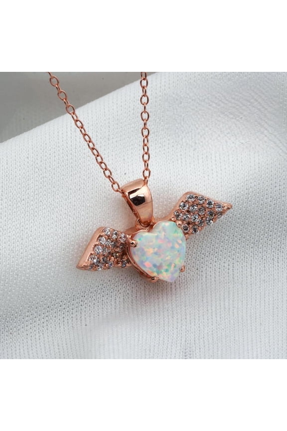 Heart Cut Lab Created Fire Opal 14K Rose Gold Finish Angel Wing Pendant