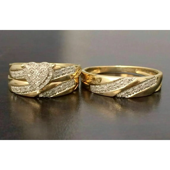 Bluebell Jewels His Her Heart Cubic Zirconia Wedding Bridal Trio Ring Set 14K Gold Plated