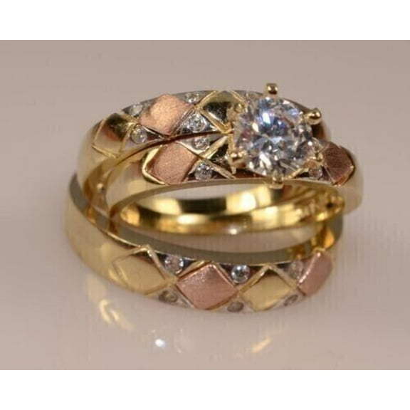 Bluebell Jewels His & Her Round Cut CZ 14K Yellow Gold Finish Silver Engagement Couple Ring Set