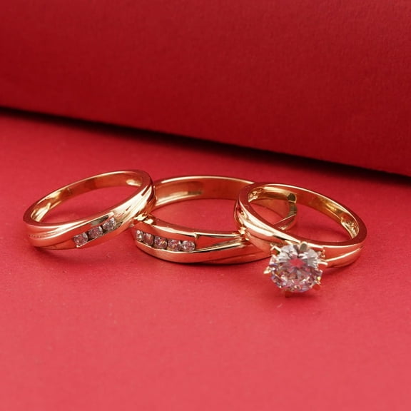 Bluebell Jewels His & Her Round Cut Cubic Zirconia 14K Yellow Gold Finish Silver Wedding Trio Ring Set