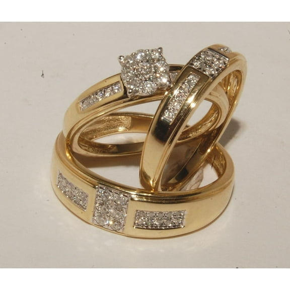 Bluebell Jewels His & Her Wedding Trio Ring Set – 14K Gold Plated Cluster CZ Engagement Bands