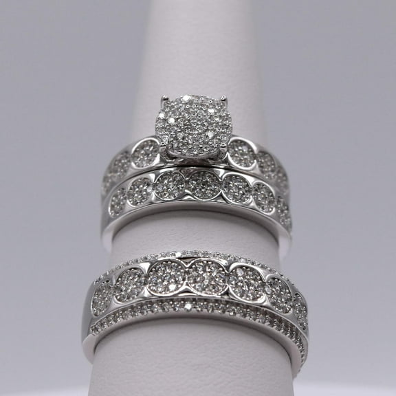 Bluebell Jewels His & Hers Matching Bands with Cubic Zirconia 3 Piece 925 Sterling Silver Wedding Ring Set