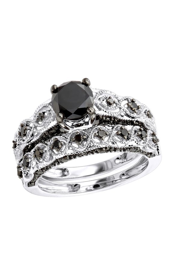 Infinity Engagement Ring Set Black CZ 14K White Gold Finish on 925 Sterling Silver