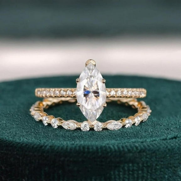 Bluebell Jewels Marquise Cut CZ 14K Yellow Gold Finish Engagement Bridal Ring Set