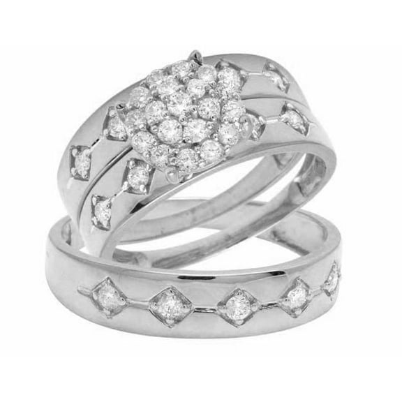 Bluebell Jewels Matching 14K White Gold Finish CZ Wedding Ring Set for Him and Her – Trio Engagement Set