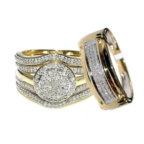 Bluebell Jewels Men's 3-Piece Gold Finish CZ Ring Set Round Cluster Bands, Wedding or Fashion Jewelry