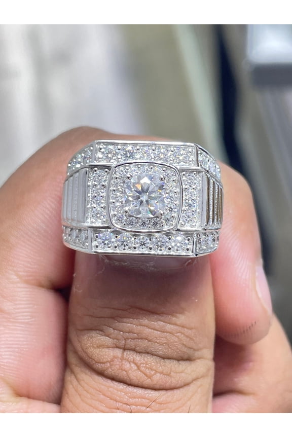 Bluebell Jewels Men's Champion Ring Round Cut CZ 14K White Gold Finish Silver Pink Ring