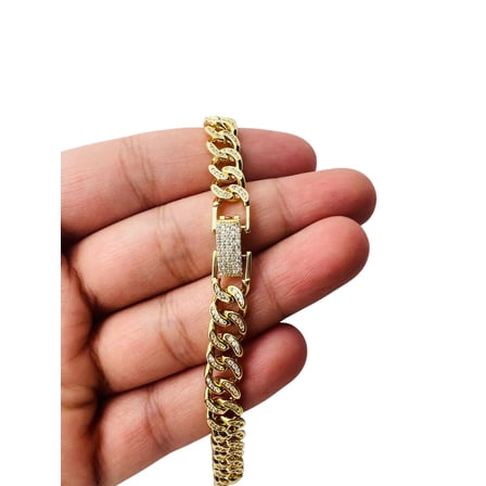 Bluebell Jewels Men's Cuban Link Bracelet 7MM 14K Yellow Gold Finish Silver with CZ Stones Iced Out Hip Hop Jewelry