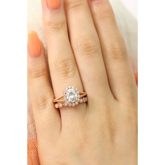 Bluebell Jewels Oval Cut CZ Halo Bridal Ring Set in Rose Gold Finish with Matching Eternity Band