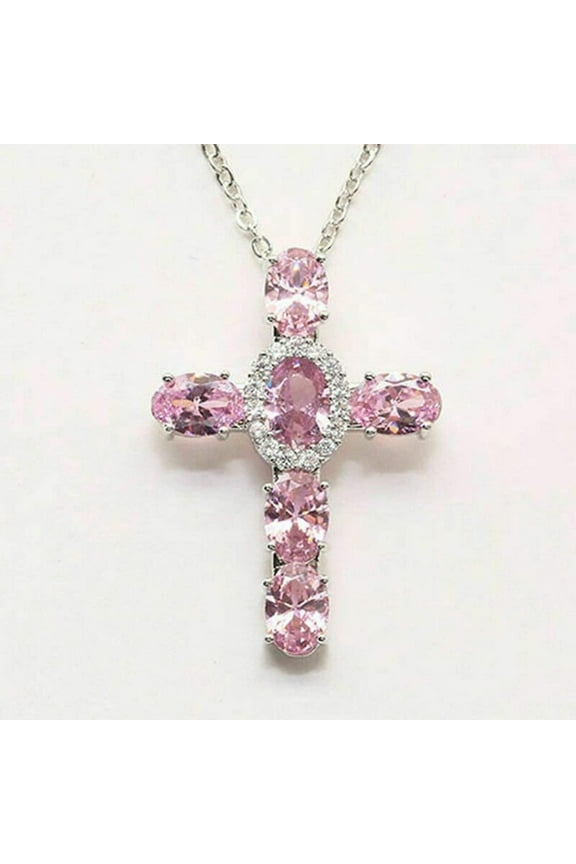 Oval Cut Pink CZ 14K White Gold Finish Silver Religious Cross Pendant Necklace