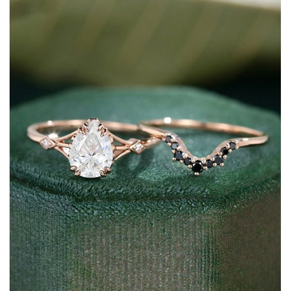 Bluebell Jewels Pear Cut CZ Engagement Ring Set – 14K Rose Gold Finish Bridal Band with Black CZ Accent