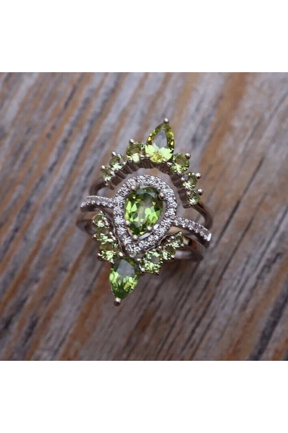 Pear-Cut Green Peridot CZ Halo Ring Set in White Gold Finish with Leaf-Inspired Accents