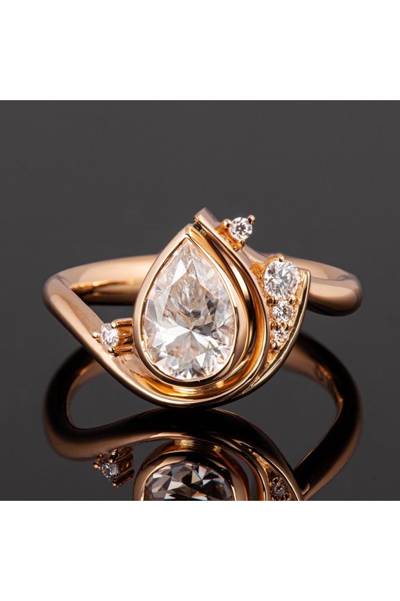 Pear Cut White Diamond Wave Design Engagement Ring 14K Yellow Gold Finish 925 Silver Statement Ring for Women