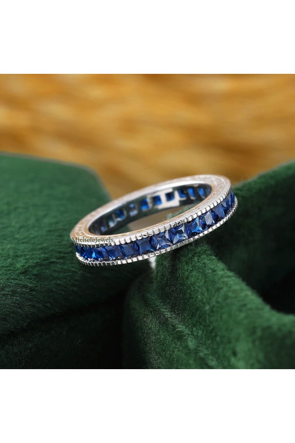 Princess Cut Blue CZ Milgrain Full Eternity Band 14K White Gold Finish 925 Silver