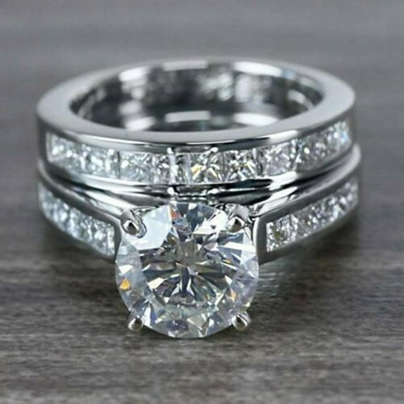 Bluebell Jewels Princess & Round Cut CZ 14K White Gold Finish Women's Bridal Ring Set