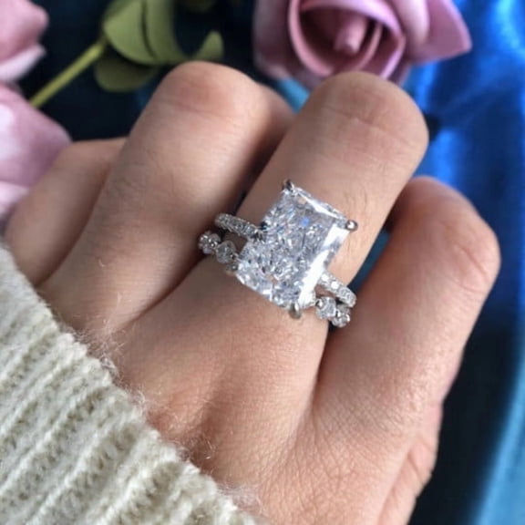 Bluebell Jewels Radiant Cut CZ Engagement Ring Set for Women in White Gold Finish – Sparkling Bridal Wedding Ring Set