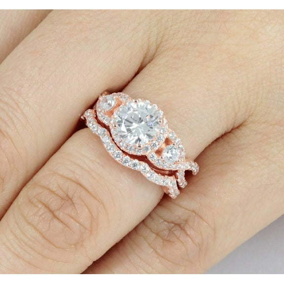 Bluebell Jewels Rose Gold Plated Sterling Silver CZ Wedding Band Engagement Rings Set