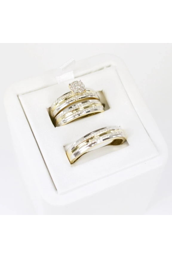 Bluebell Jewels Round CZ Trio Ring Set – 14K Yellow Gold Finish Silver Couple’s Bridal & Engagement Rings