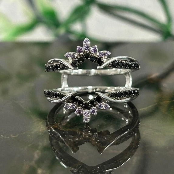 Bluebell Jewels Round Cut Amethyst & Black CZ Wedding Ring Enhancer 925 Sterling Silver Stacking Matching Promise Custom Wrap Rings Anniversary Gift