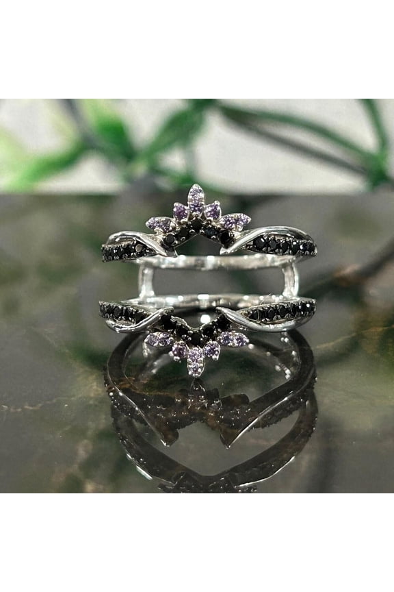 Round Cut Amethyst & Black CZ Wedding Ring Enhancer 925 Sterling Silver Stacking Matching Promise Custom Wrap Rings Anniversary Gift