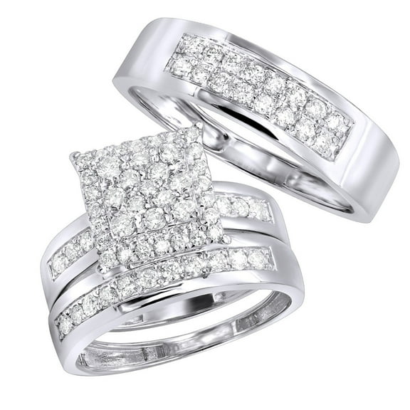 Bluebell Jewels Round Cut CZ Trio Wedding Ring Set for Women & Men 14K White Gold Finish on 925 Sterling Silver